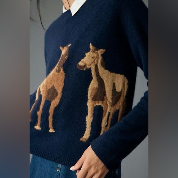 Anthropologie Maeve Intarsia Horse Cashmere Navy Sweater Size XL NWT - Picture 4 of 8